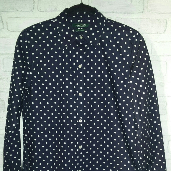 Lauren Ralph Lauren Navy Blue Polkadot Non Iron Button Down Shirt S - Picture 3 of 13